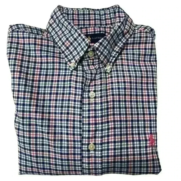Ralph Lauren plaid men’s button-down with pink embroidered horse. Size medium. - Picture 3 of 10